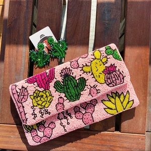 Pink Desert Cactus Beaded Clutch Purse